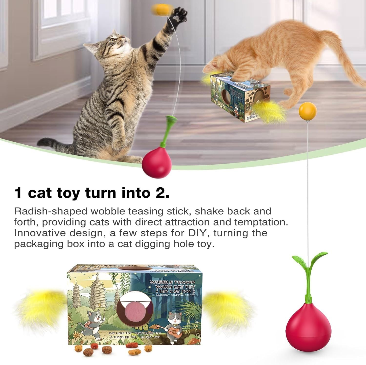 JMT-949194 Interactive 2-in-1 Cat Toy with Rocking Feather, DIY Cat Digging Hole Design for Indoor Play, Safe Materials for Cats