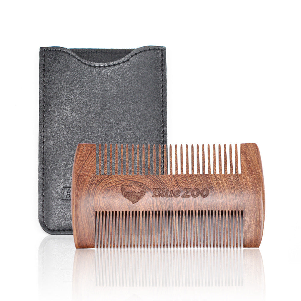 JMT-949194 Sandalwood Double-Sided Beard Comb with Portable PU Cover for Anti-Static Grooming