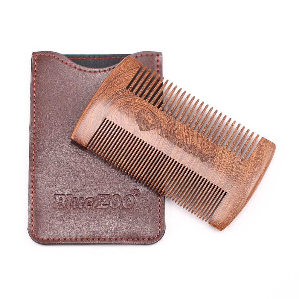 JMT-949194 Sandalwood Double-Sided Beard Comb with Portable PU Cover for Anti-Static Grooming