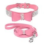 JMT-950026 Rhinestone Embellished Suede Leather Pet Collar and Leash Set