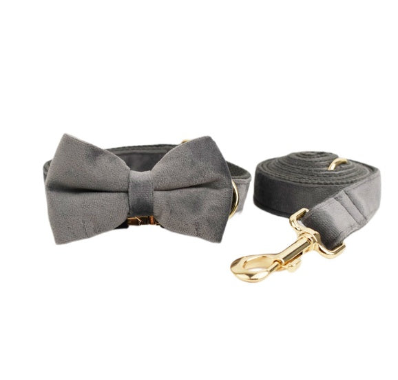 JMT-952010 Velvet Adjustable Pet Collar with Traction Rope and Bow Tie