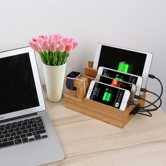 JMT-952522 Wooden Bamboo Charging Station for iPhone, iPad, Apple Watch, and Tablets