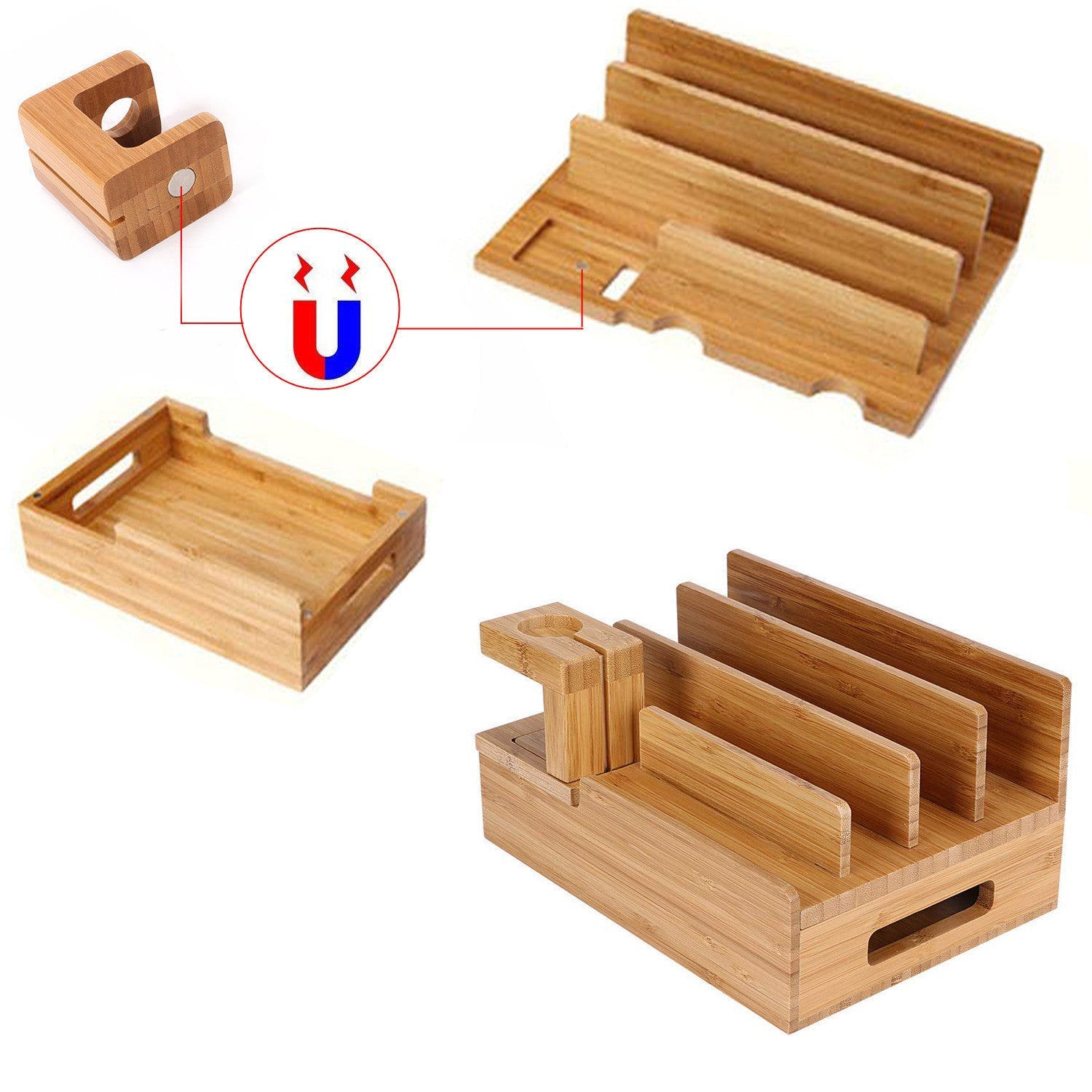 JMT-952522 Wooden Bamboo Charging Station for iPhone, iPad, Apple Watch, and Tablets
