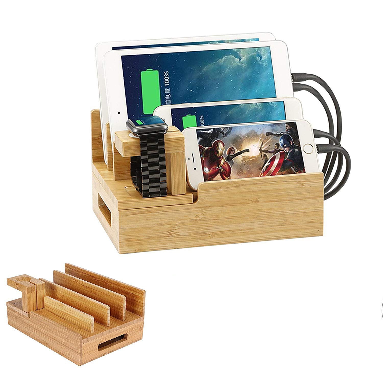 JMT-952522 Wooden Bamboo Charging Station for iPhone, iPad, Apple Watch, and Tablets