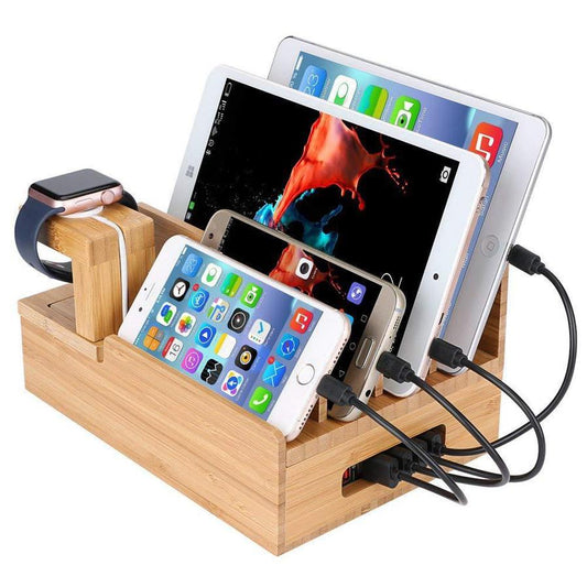 JMT-952522 Wooden Bamboo Charging Station for iPhone, iPad, Apple Watch, and Tablets