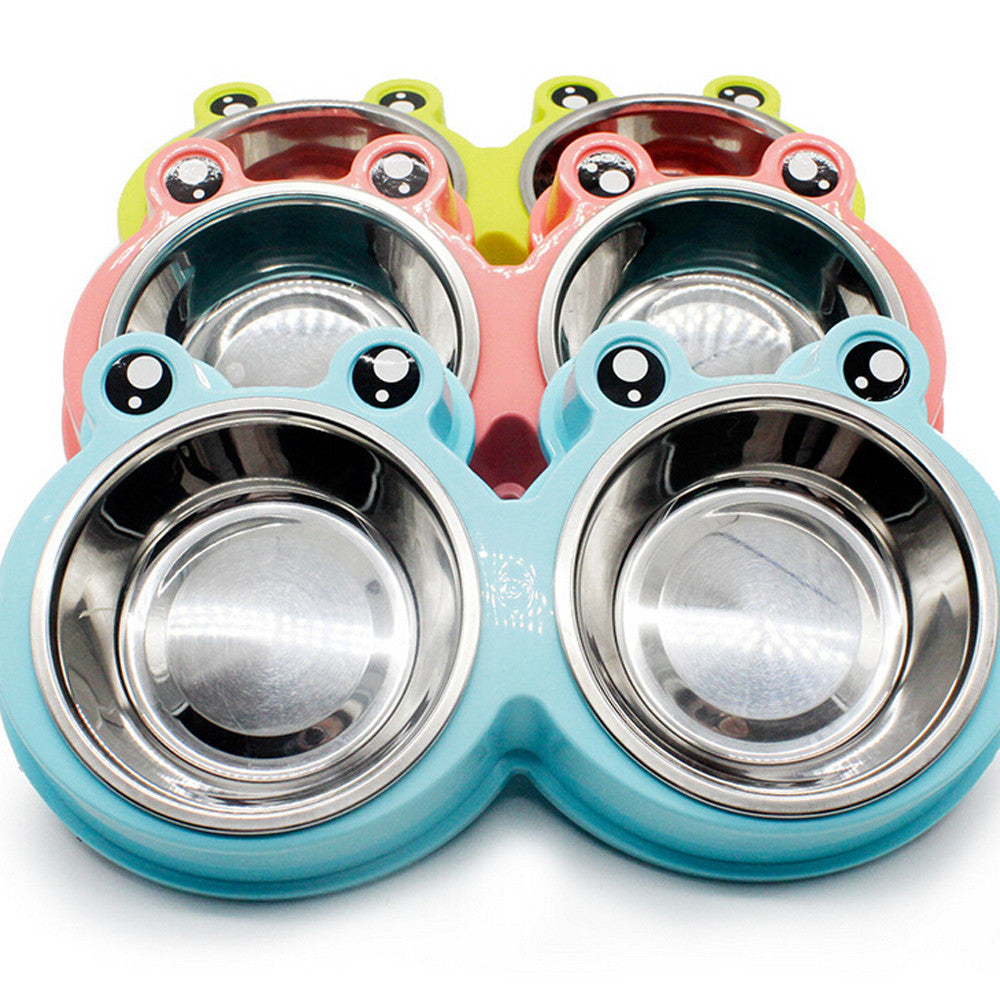 JMT-952842 Double Pet Bowl - Durable ABS & Stainless Steel Food and Water Container in Pink, Green, or Blue, Easy to Clean, 28 x 11.5 x 4 cm
