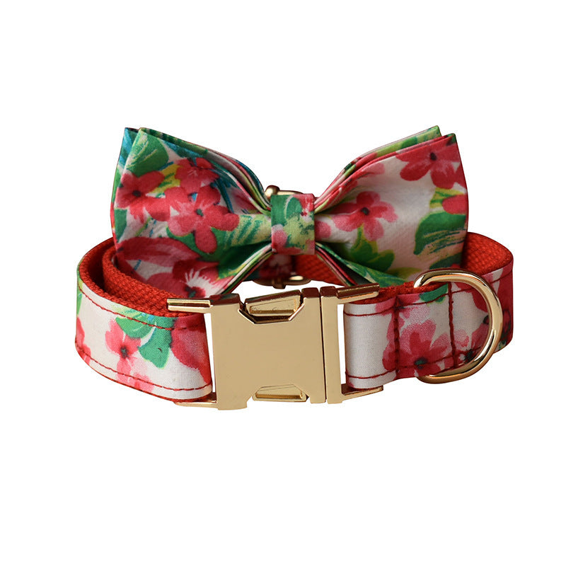 JMT-955786 Red Floral Print Dog Leash and Collar Set with Bow Accessories