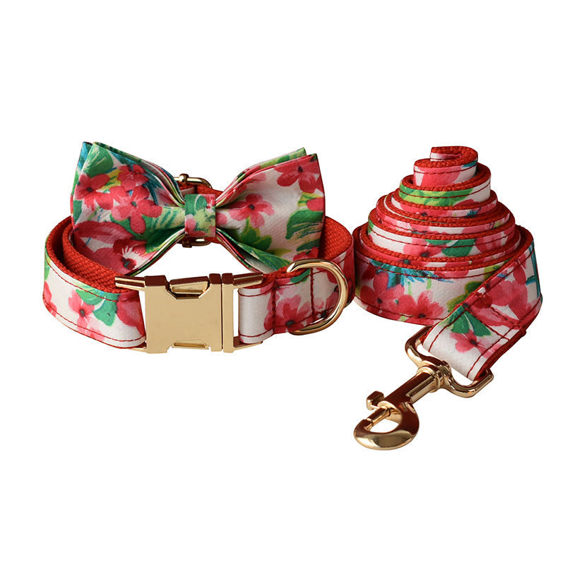 JMT-955786 Red Floral Print Dog Leash and Collar Set with Bow Accessories