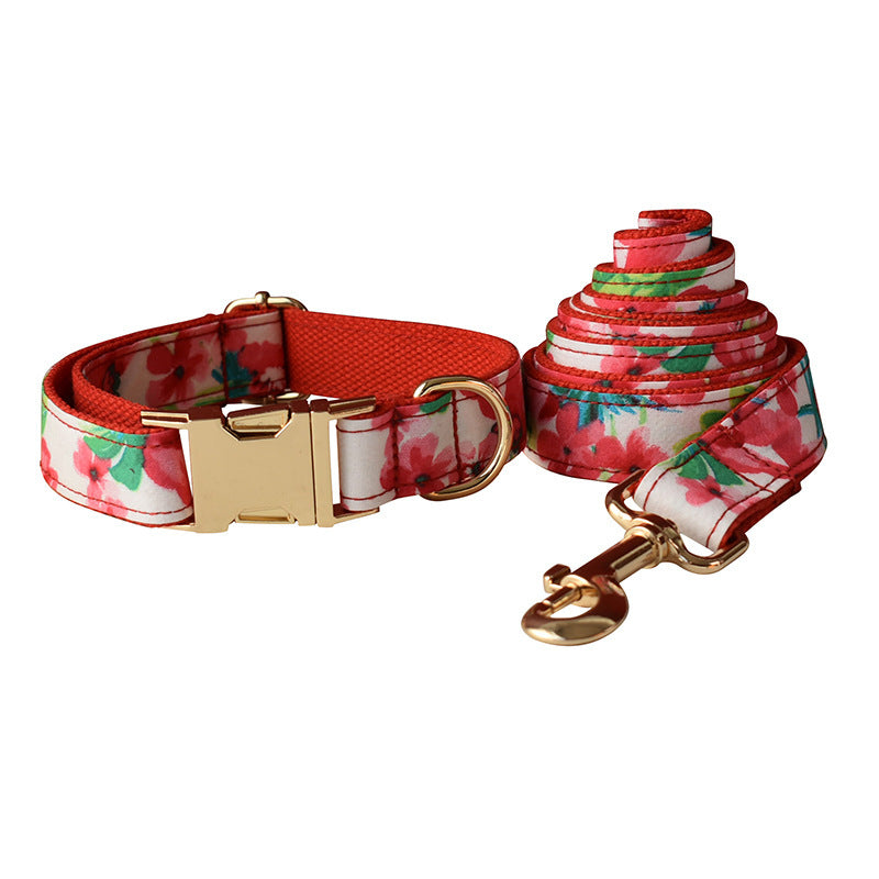 JMT-955786 Red Floral Print Dog Leash and Collar Set with Bow Accessories