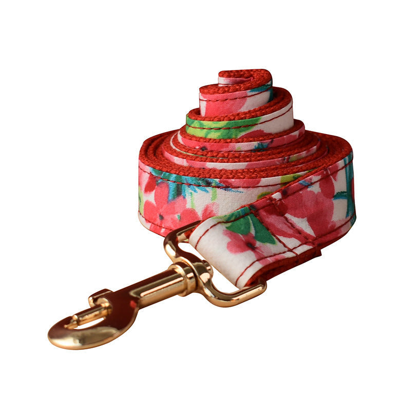 JMT-955786 Red Floral Print Dog Leash and Collar Set with Bow Accessories