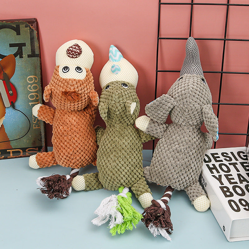 JMT-956106 Small Dog Molar Toy for Puppies – Plush and Cotton Rope with Sounds – Available in Green Rhino, Gray Elephant, Brown Monkey