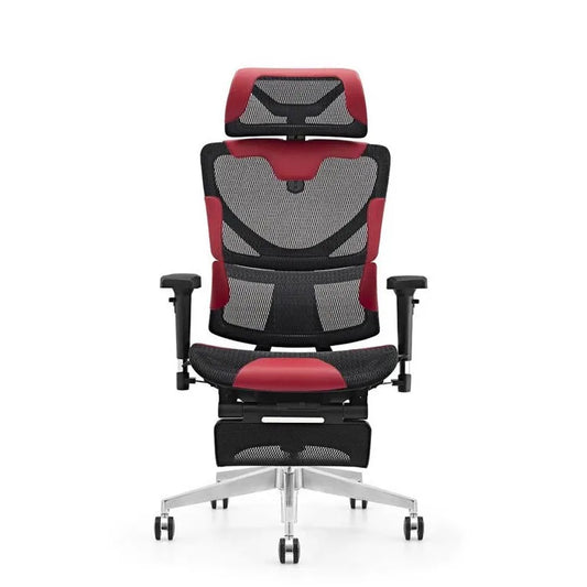 JMT-956554 Ergonomic Gaming Chair with Footrest, Black Mesh and Red Genuine Leather Upholstery