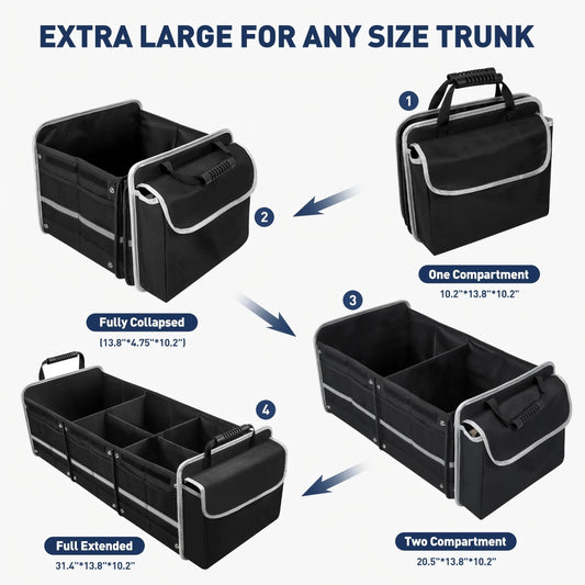 JMT-956746 Collapsible Multi-Compartment SUV Trunk Organizer with Insulated Leakproof Bag and Adjustable Straps