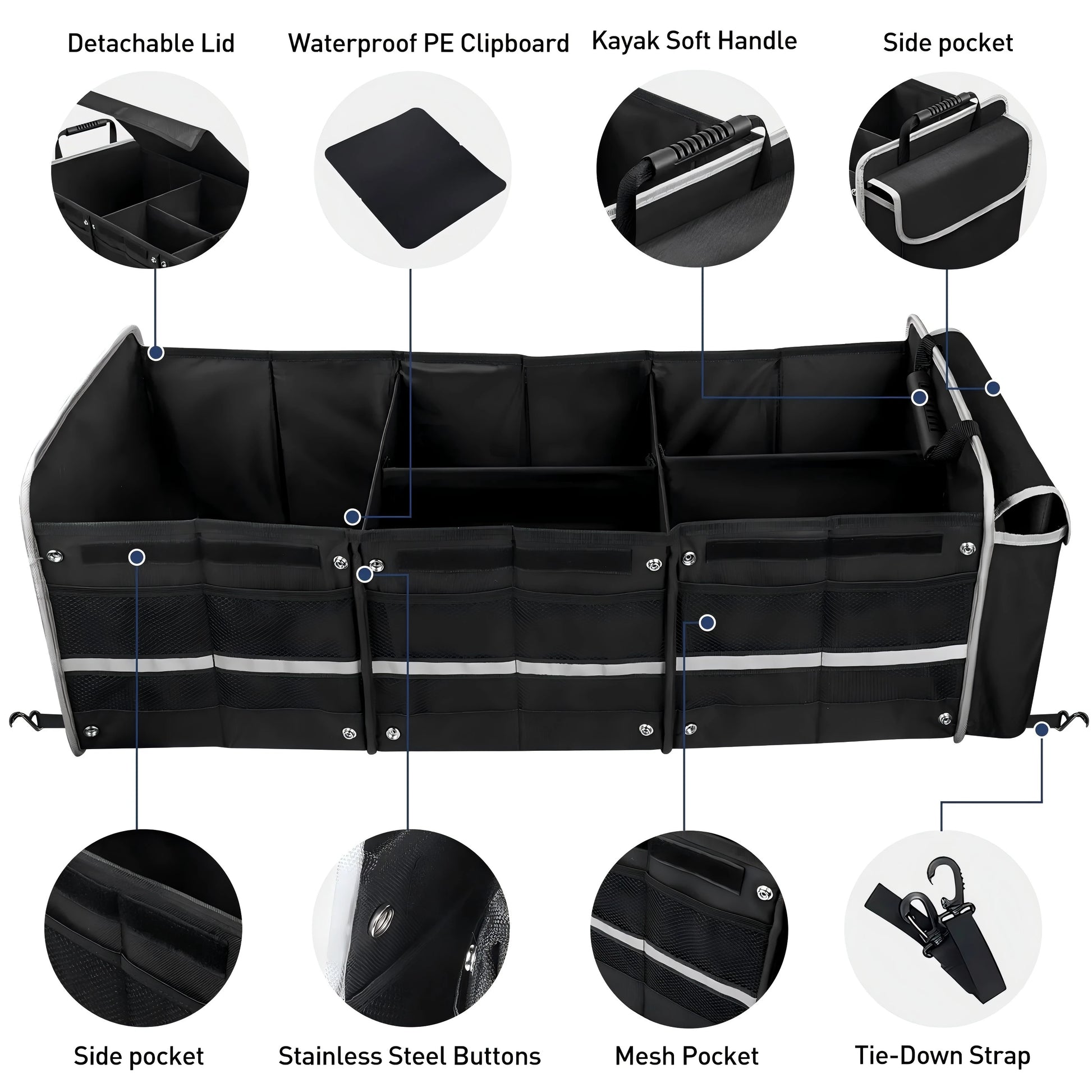 JMT-956746 Collapsible Multi-Compartment SUV Trunk Organizer with Insulated Leakproof Bag and Adjustable Straps