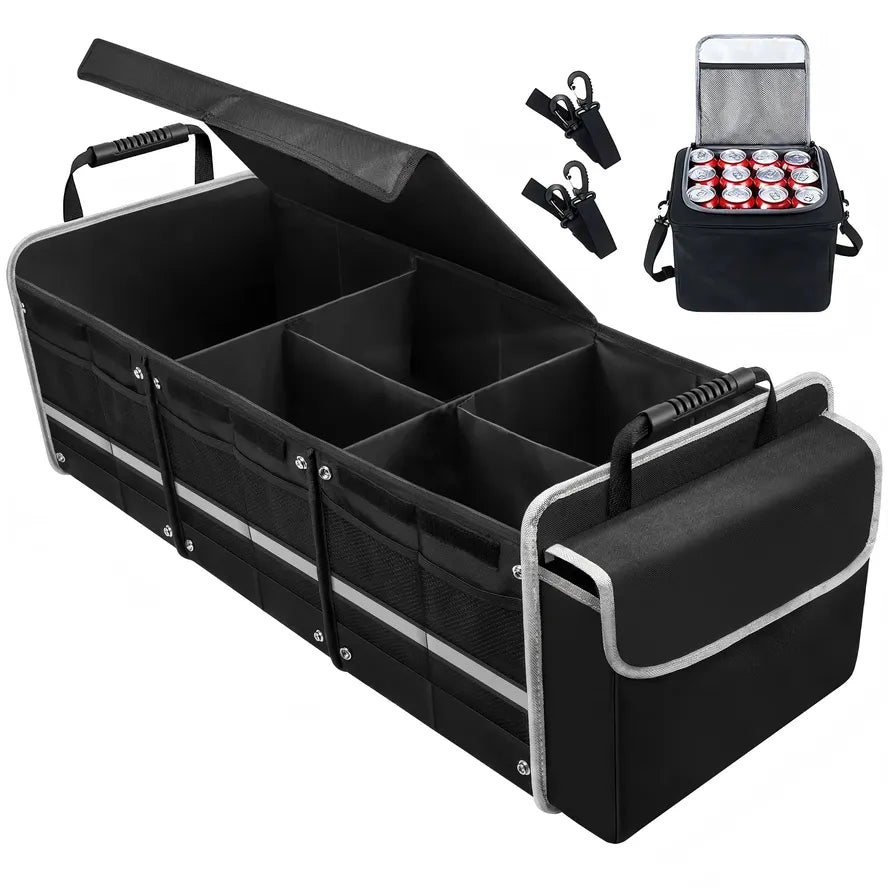 JMT-956746 Collapsible Multi-Compartment SUV Trunk Organizer with Insulated Leakproof Bag and Adjustable Straps