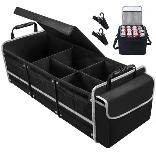 JMT-956746 Collapsible Multi-Compartment SUV Trunk Organizer with Insulated Leakproof Bag and Adjustable Straps