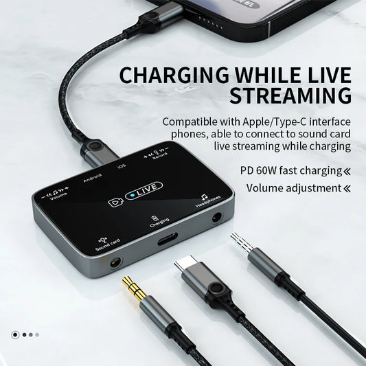 JMT-956938 2-in-1 Stereo Sound Card Converter for iPhone and Type-C Devices, Real-Time Charging and Live Streaming