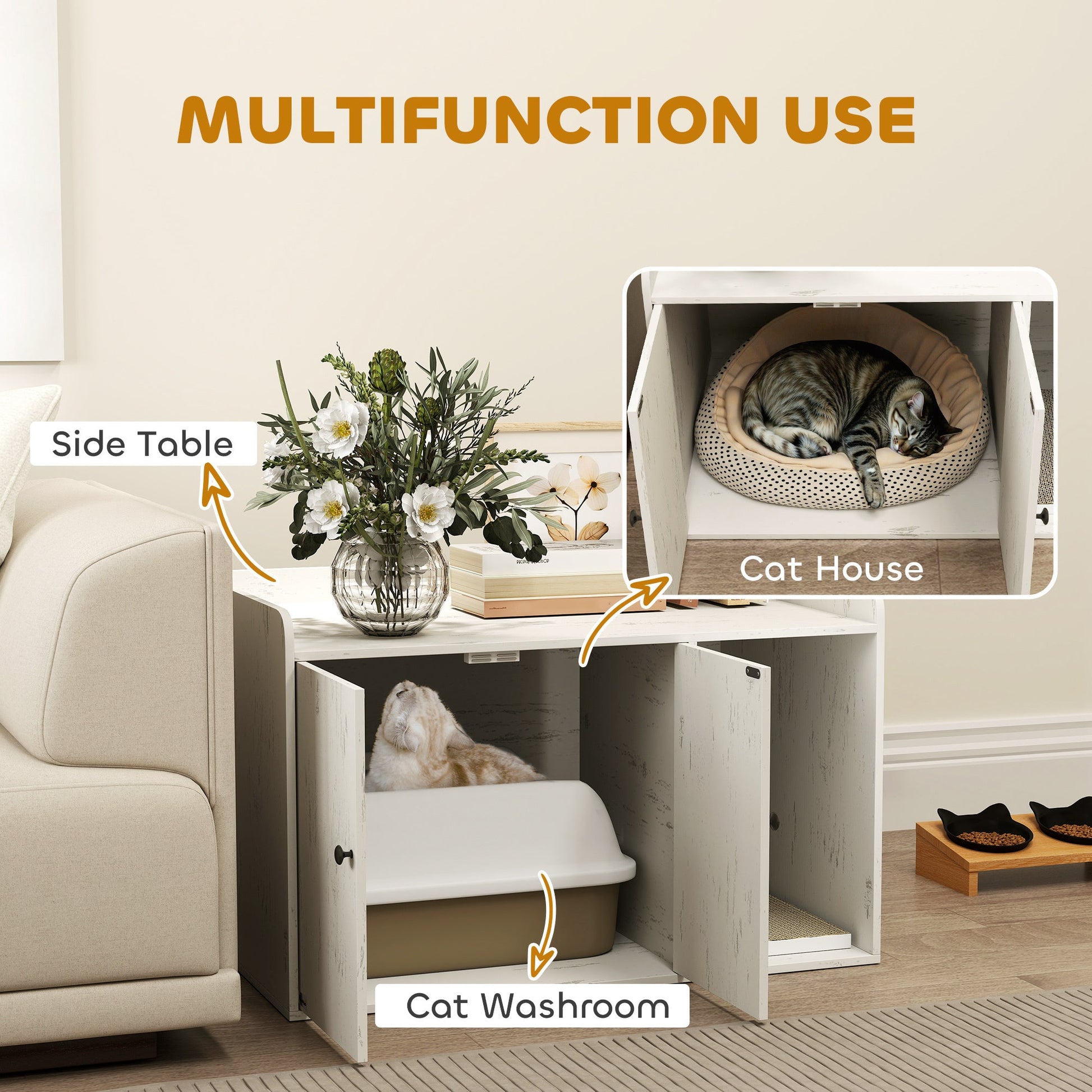 JMT-957130 Cat Litter Box Enclosure with Scratching Mat and Cat Entrance in Distressed White Finish