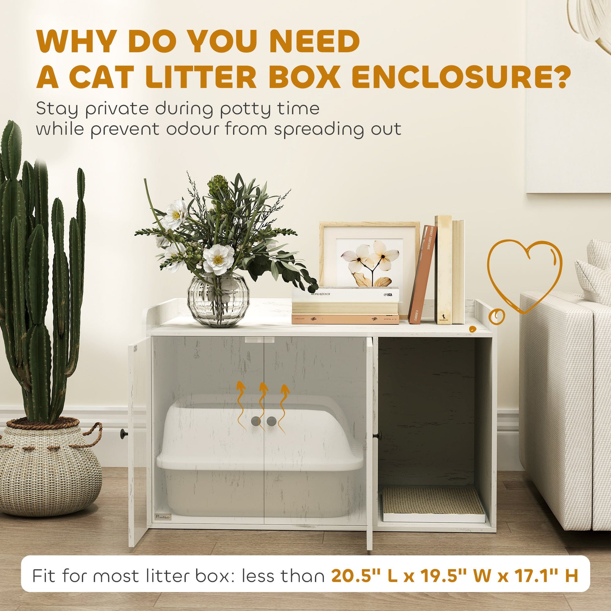 JMT-957130 Cat Litter Box Enclosure with Scratching Mat and Cat Entrance in Distressed White Finish