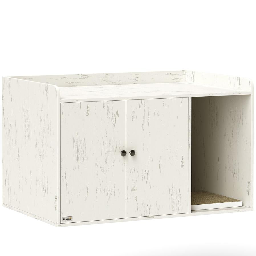 JMT-957130 Cat Litter Box Enclosure with Scratching Mat and Cat Entrance in Distressed White Finish