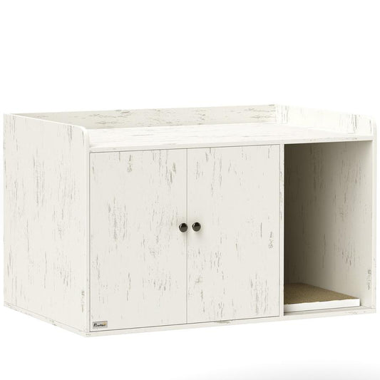 JMT-957130 Cat Litter Box Enclosure with Scratching Mat and Cat Entrance in Distressed White Finish