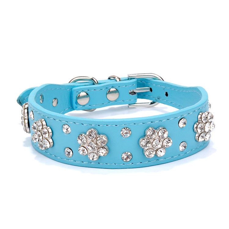 JMT-957770 Rhinestone Flower Studded PU Leather Dog Collar for Small and Medium Breeds