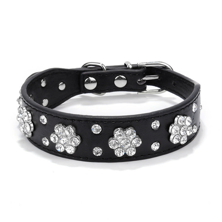 JMT-957770 Rhinestone Flower Studded PU Leather Dog Collar for Small and Medium Breeds