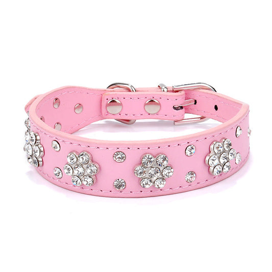 JMT-957770 Rhinestone Flower Studded PU Leather Dog Collar for Small and Medium Breeds