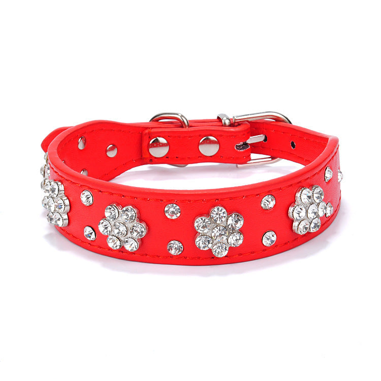 JMT-957770 Rhinestone Flower Studded PU Leather Dog Collar for Small and Medium Breeds