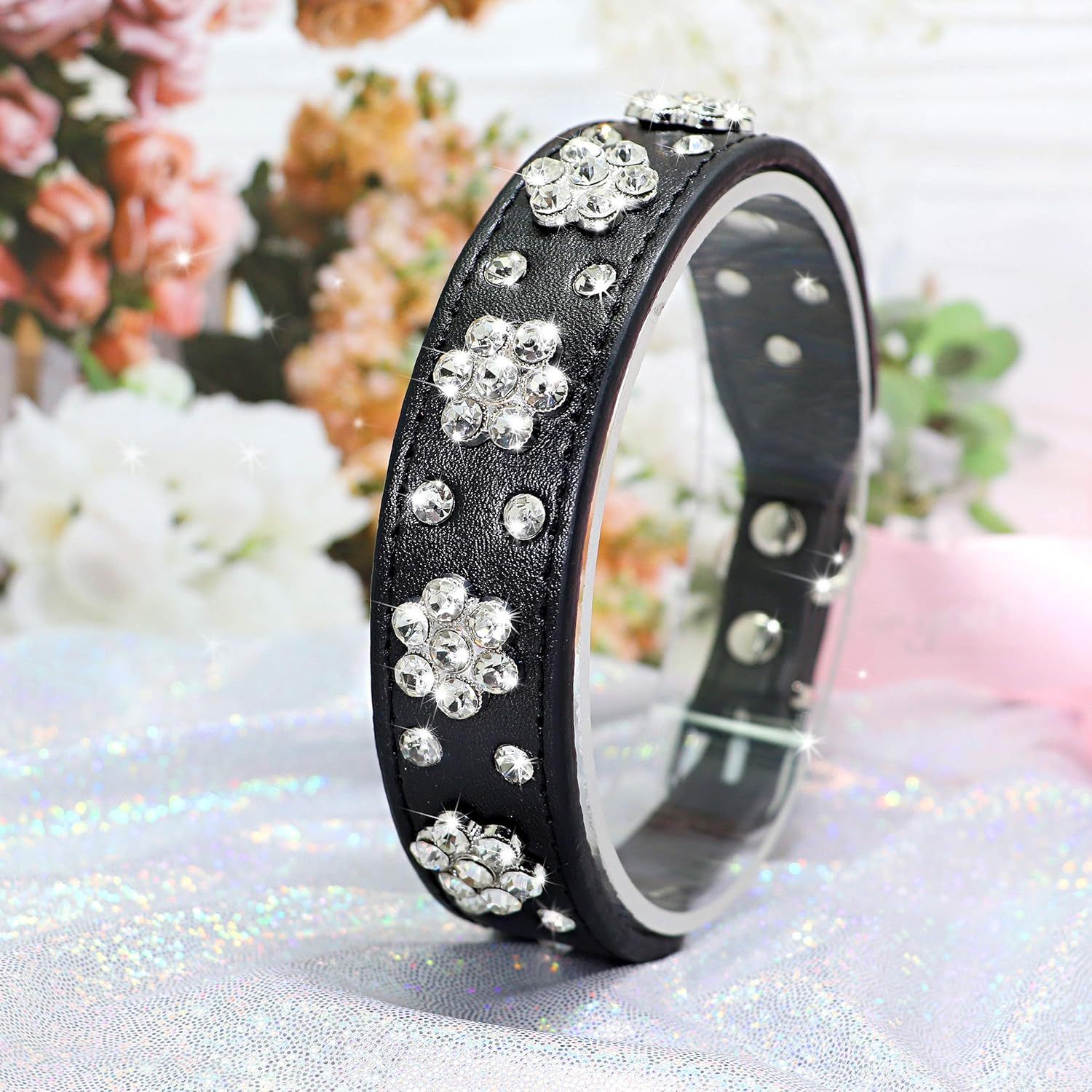 JMT-957770 Rhinestone Flower Studded PU Leather Dog Collar for Small and Medium Breeds