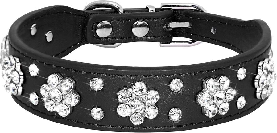 JMT-957770 Rhinestone Flower Studded PU Leather Dog Collar for Small and Medium Breeds