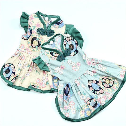JMT-957898 Elegant Chinese Style Pet Dress for Dogs - Retro Summer Skirt in Oil Paper Umbrella Green and Beige, Available in Multiple Sizes