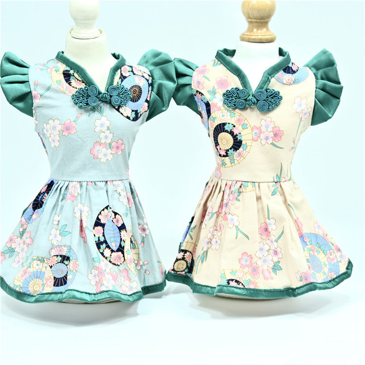 JMT-957898 Elegant Chinese Style Pet Dress for Dogs - Retro Summer Skirt in Oil Paper Umbrella Green and Beige, Available in Multiple Sizes