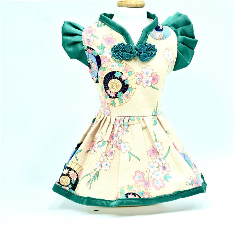 JMT-957898 Elegant Chinese Style Pet Dress for Dogs - Retro Summer Skirt in Oil Paper Umbrella Green and Beige, Available in Multiple Sizes