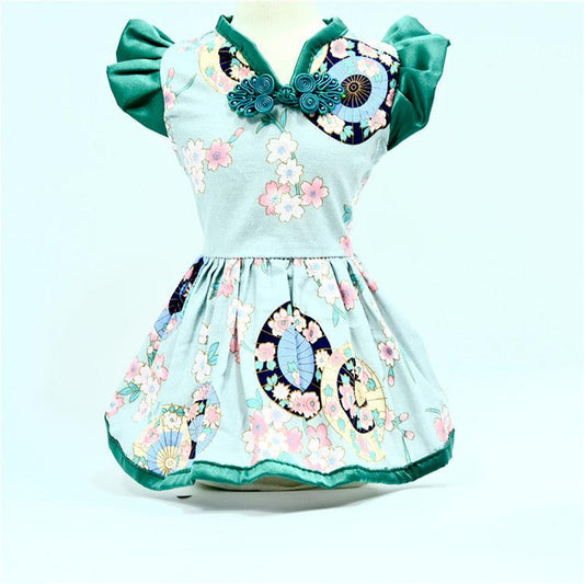 JMT-957898 Elegant Chinese Style Pet Dress for Dogs - Retro Summer Skirt in Oil Paper Umbrella Green and Beige, Available in Multiple Sizes