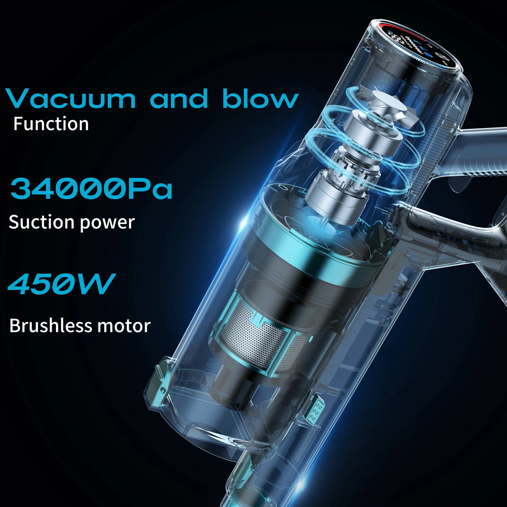 JMT-958730 Cordless 450W Rechargeable Vacuum Cleaner with Touchscreen, Battery-Operated and Detachable Design