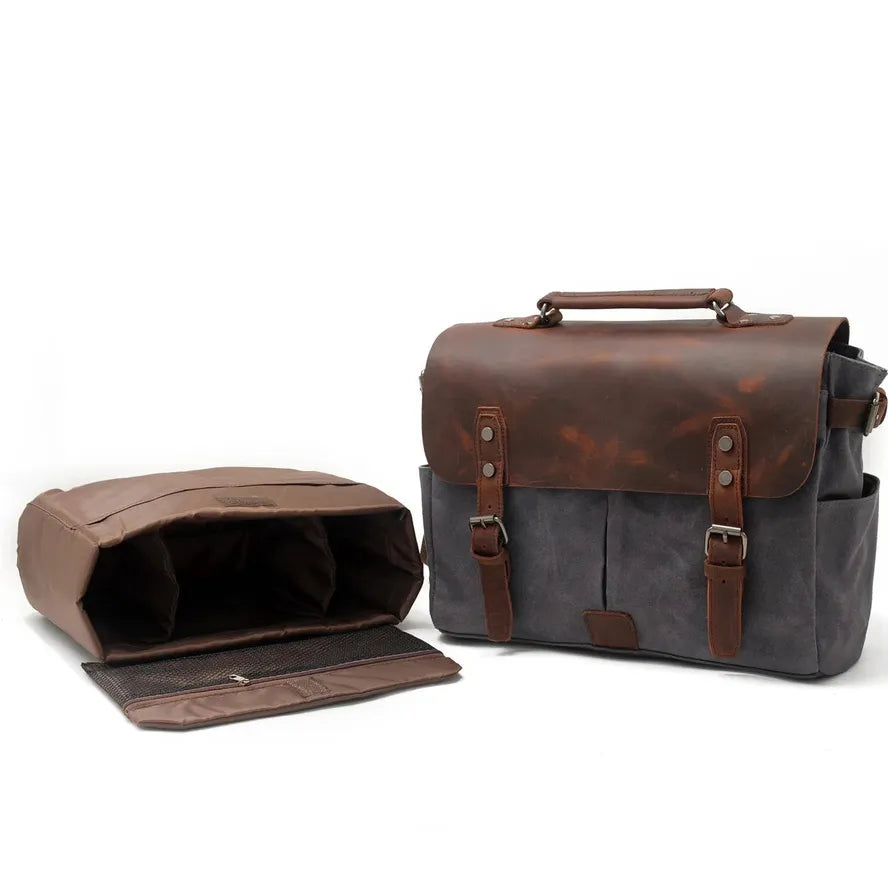 JMT-958794 Waterproof Retro Batik Canvas Camera Crossbody Bag with Leather Accents