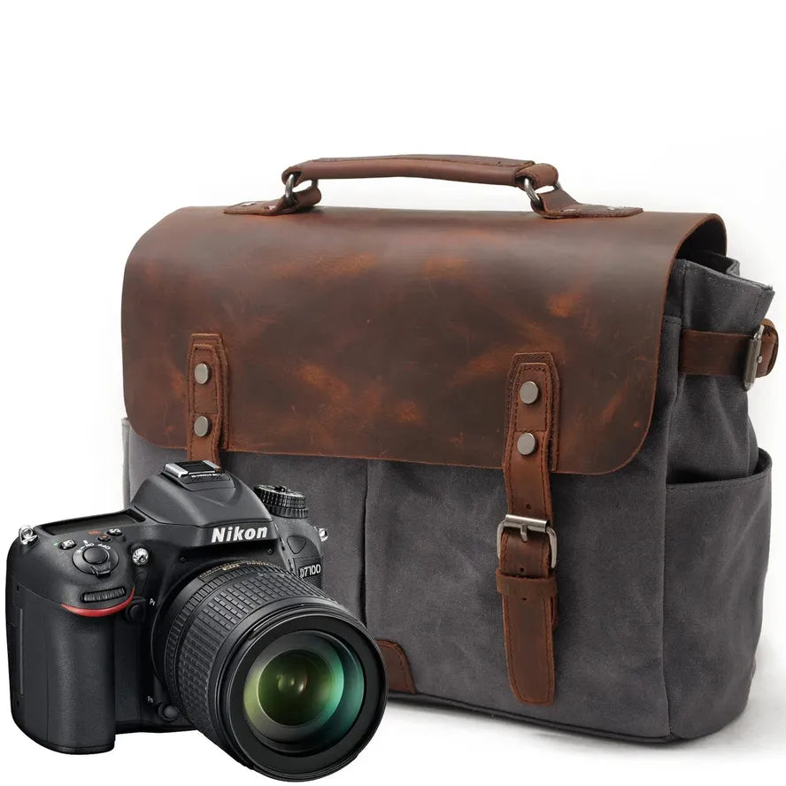 JMT-958794 Waterproof Retro Batik Canvas Camera Crossbody Bag with Leather Accents