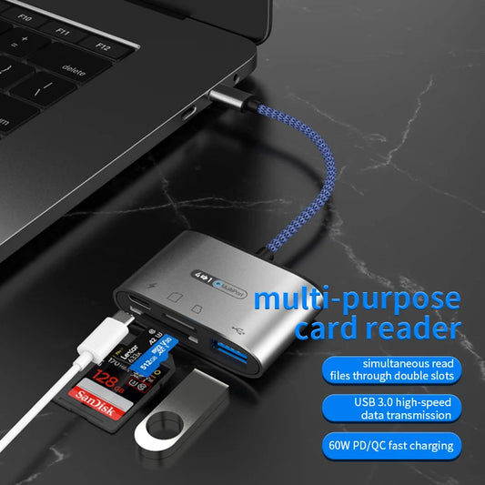 JMT-958922 4-in-1 Type-C Multi-Function Card Reader with Charging Port for SD/TF USB Memory Cards, Compatible with iPad, Huawei, Xiaomi