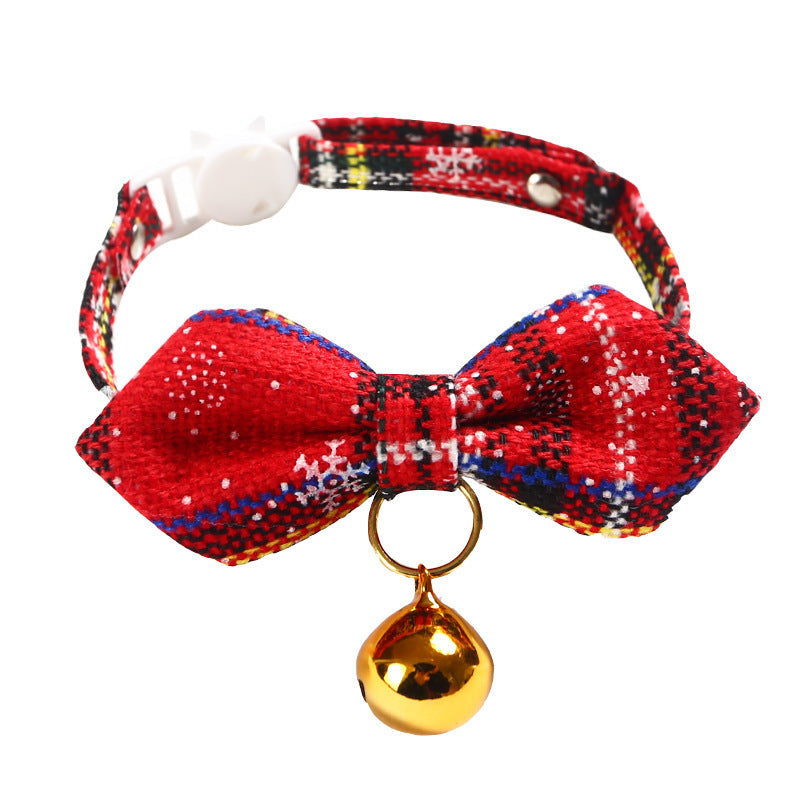 JMT-958922 Snowflake Christmas Red Plaid Adjustable Pet Bow Tie for Dogs and Cats