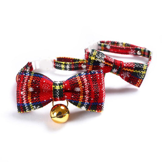 JMT-958922 Snowflake Christmas Red Plaid Adjustable Pet Bow Tie for Dogs and Cats