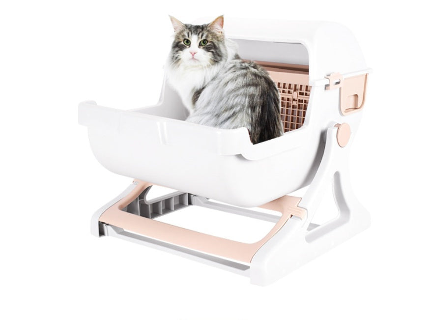 JMT-959434 Semi-Enclosed Cat Litter Box with Tipping Bucket - Available in Beige, Green, and Pink