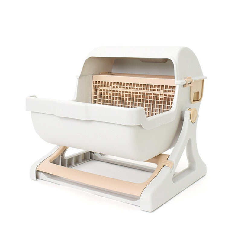 JMT-959434 Semi-Enclosed Cat Litter Box with Tipping Bucket - Available in Beige, Green, and Pink