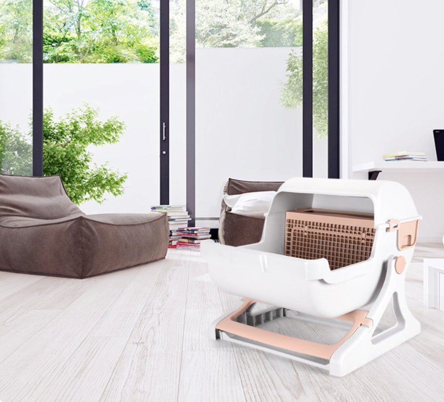 JMT-959434 Semi-Enclosed Cat Litter Box with Tipping Bucket - Available in Beige, Green, and Pink