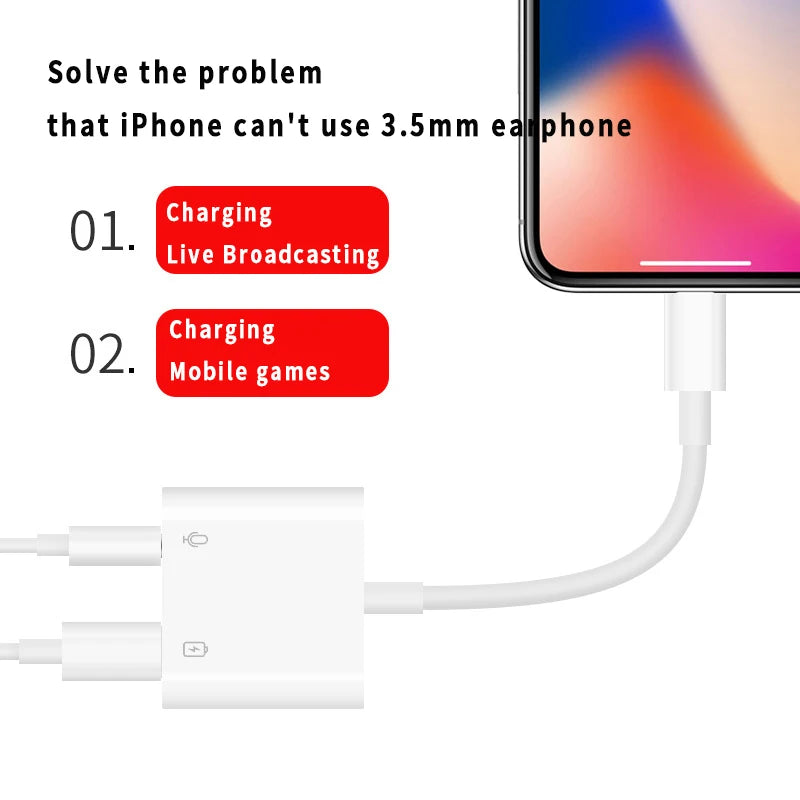 JMT-960074 2 in 1 Audio Charge Adapter for iOS Devices to 3.5mm Aux Jack Splitter, Compatible with iPhone Models 7, 8, X, 11, 12, 13, 14