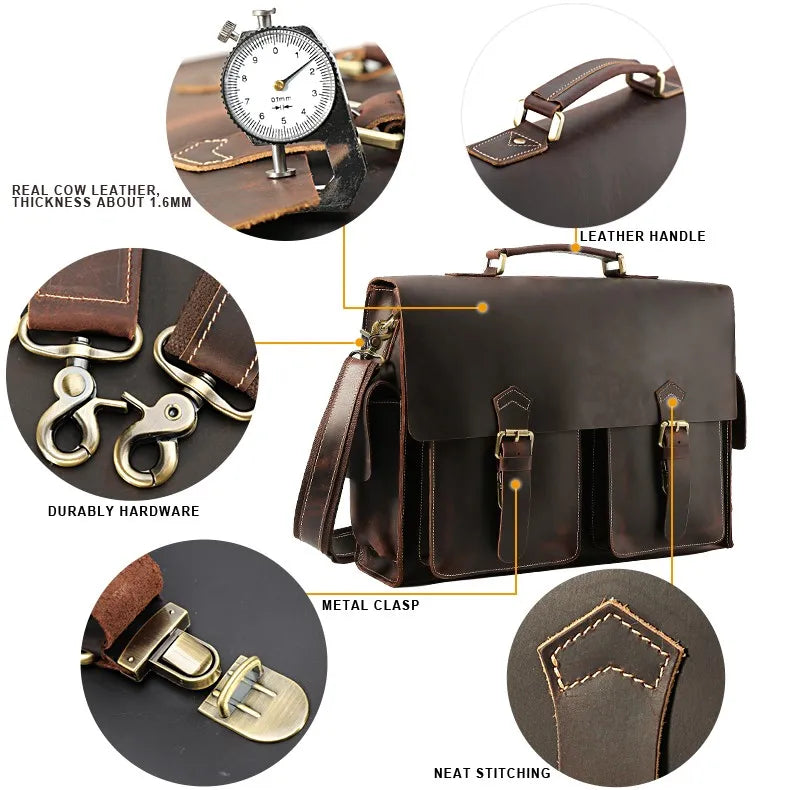 JMT-960394 Genuine Cow Leather 17 Inch Laptop Briefcase with Large Capacity for Men