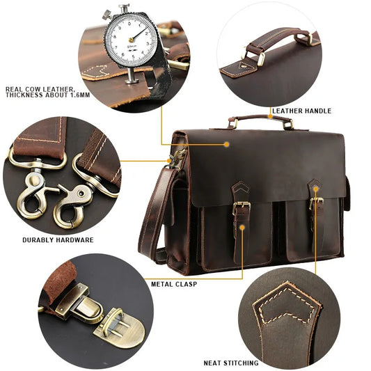JMT-960394 Genuine Cow Leather 17 Inch Laptop Briefcase with Large Capacity for Men