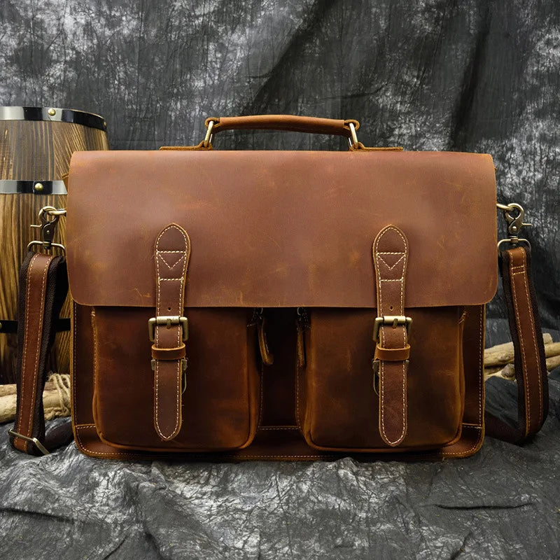 JMT-960394 Genuine Cow Leather 17 Inch Laptop Briefcase with Large Capacity for Men