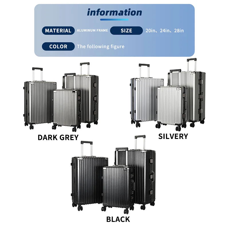 JMT-960458 Custom Aluminium Travel Luggage in 20, 24, 28 Inch Sizes with PC Spinner Wheels