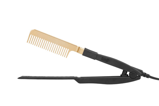 JMT-963018 Portable Wet and Dry Hair Straightening Comb - Brass and Black, Alloy + ABS, Heats Up to 190°C in 3 Minutes